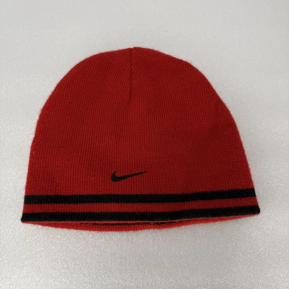Vtg Nike Beanie Mens Black Red Reversible Thin Knit Embroidered Check Logo 2000s